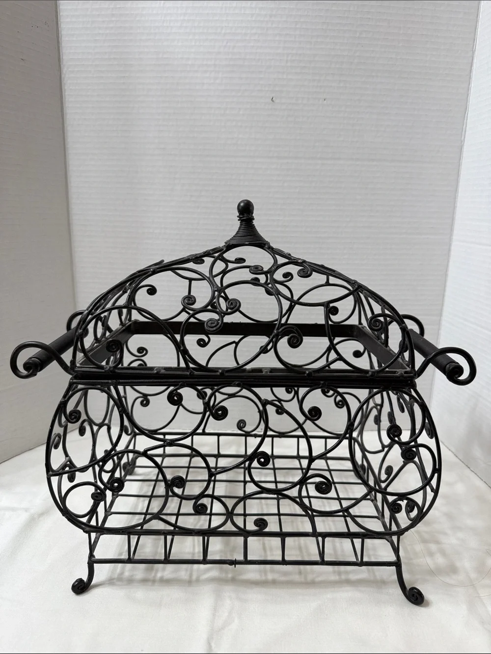 Vintage Wrought Iron Style Scrollwork Decorative Centerpiece Basket with Lid